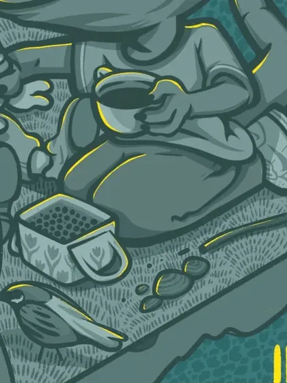A detail shot of the 'Stoned' illustration, focusing on the small elements like the tea set and the birds on the ground.