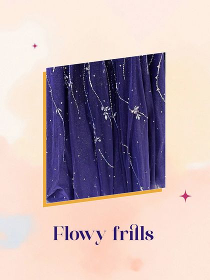 This graphic showcases the flowy frills and delicate fabric of our purple gown, emphasizing its ethereal quality.