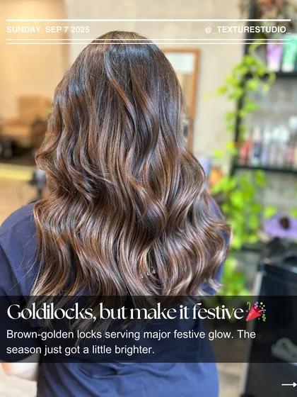 Goldilocks, but make it festive. These brown-golden locks are serving major festive glow, perfect for the holiday season.