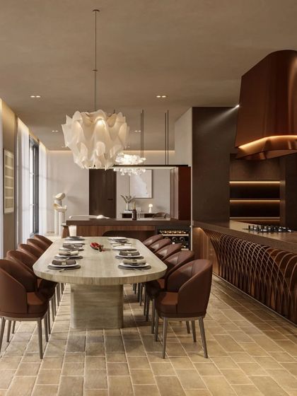 This perspective of the Siori Lily dining area shows the long, elegant table set against the backdrop of the custom bar. The design uses a consistent palette of warm woods and rich browns to create a cohesive and sophisticated environment.