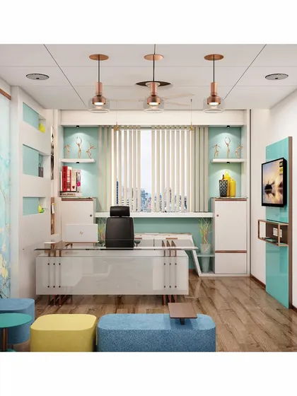 A full view of the brightly-colored cabin, showing the integrated storage, wall-mounted television, and abstract art wall. This design proves that corporate spaces can be both professional and expressive.