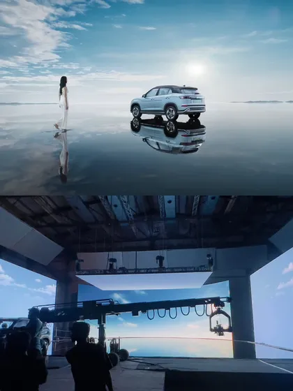 Another powerful before-and-after from the Hyundai Creta shoot. We used a combination of our LED wall and a camera crane to create this epic shot of the car in a vast, reflective landscape.