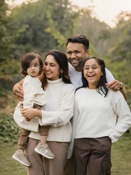 A happy family of four poses for a portrait in a park. Their coordinated outfits and bright smiles make for a beautiful family photo.