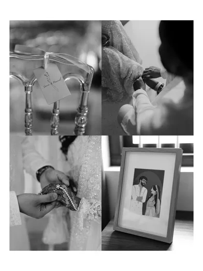 A black and white collage of significant Nikah details. It includes a personalized tag, the exchange of rings, and a framed photo of the couple, highlighting the small elements that hold great meaning.