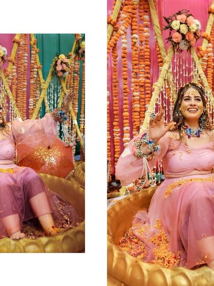 A collage of the bride during her Haldi ceremony, showing her playful and happy moments. The vibrant decor and her beautiful pink outfit add to the festive atmosphere.