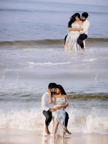 A collage showing a couple sitting in the shallow ocean water, sharing both a playful and a romantic embrace as the waves swirl around them.