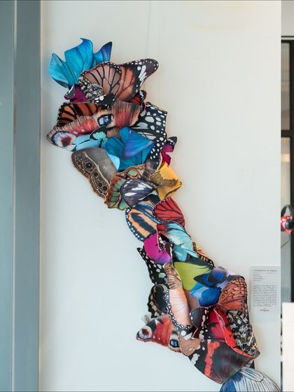 "A Symphony of Wings" is an acrylic installation that captures the essence of metamorphosis. A dynamic arrangement of butterfly wings creates a sense of collective upward movement.