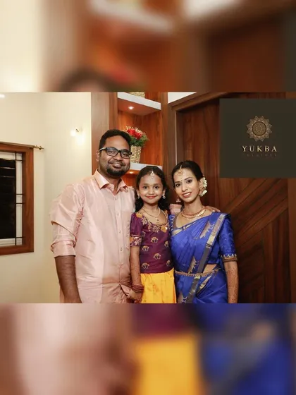 Creating coordinated outfits for the entire family is one of my greatest passions. Here, we designed a cohesive look for a family event, using complementary colors and traditional fabrics. The daughter’s custom Pattu Pavadai perfectly harmonizes with her parents' elegant ethnic wear.