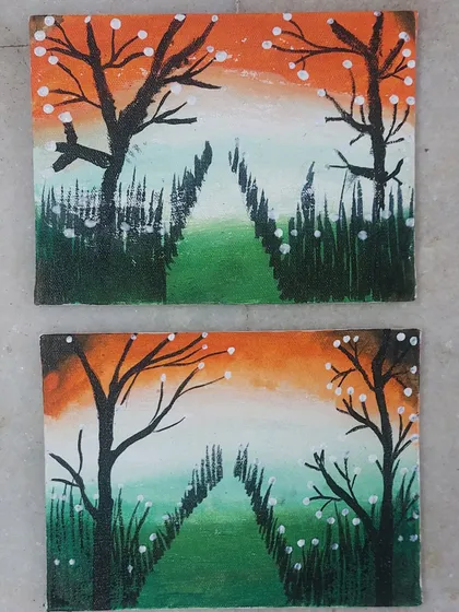 A pair of beautiful landscape paintings with a patriotic tricolor theme. This shows how a single concept can be interpreted in unique ways by different artists.