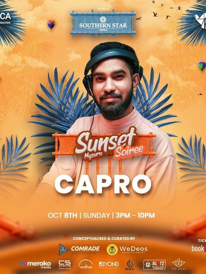 The poster for a 'Sunset Soiree' in Mysore. I also play daytime and sunset events, bringing a different kind of vibe that builds with the setting sun.