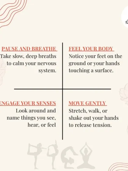 This infographic provides four simple, actionable steps to ground yourself during anxiety. Techniques like pausing to breathe, feeling your body, engaging your senses, and gentle movement can quickly release tension and restore calm.