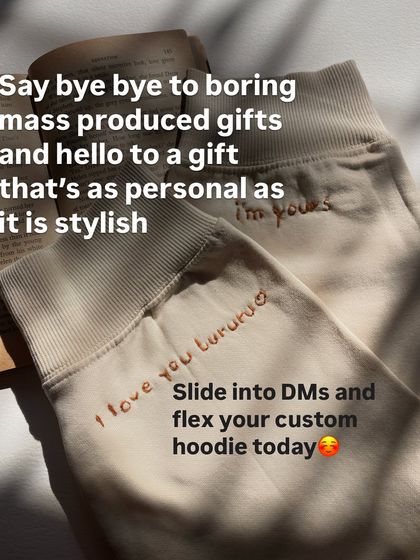 Say bye-bye to boring gifts. This image shows custom cuff embroidery with messages like 'I love you bubu' and 'I'm yours', making it a truly personal and stylish gift.