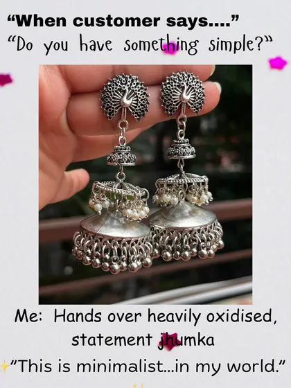 In my world, a bold, heavily oxidised statement jhumka is the perfect touch of minimalism. This pair, with its intricate peacock design and layered domes, is for those who love their jewellery to tell a story.