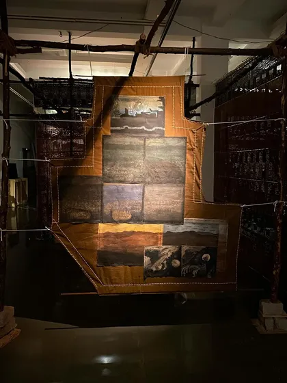 A quilted textile piece by Archana Hande, part of the 'WEAVING LIGHT' installation.