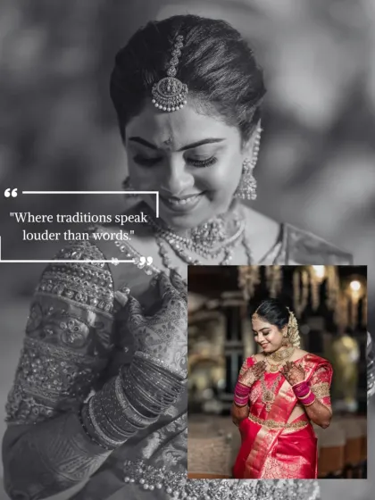 A collage celebrating the beauty of a South Indian bride, highlighting her traditional jewelry and radiant smile.
