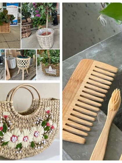 This collage emphasizes the importance of choosing sustainable alternatives to plastic. It features our embroidered handbag, planters, and bamboo personal care items like combs and toothbrushes, promoting a healthier lifestyle for both people and the planet.