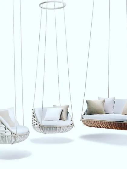 Here you can see the variety in my collection of imported rattan swings. I have single-seaters, double-seaters, and even larger sofa-style swings, all in a beautiful, light-colored weave that fits any modern home.