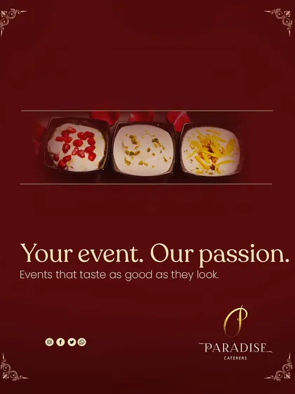 Your event, our passion. A trio of Indian desserts, including Phirni and Rasmalai, garnished with pomegranate, saffron, and nuts.