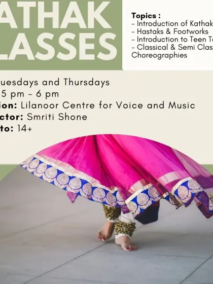 Our Kathak classes cover an introduction to the dance form, hastaks, footwork, and Teen Taal. Join us to learn classical and semi-classical choreographies.