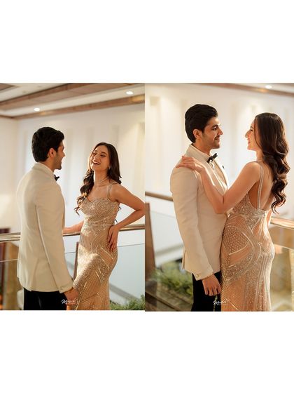 A collage of laughter and love. These candid shots from their elegant pre-wedding session show the joy they share.