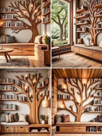 A collage showcasing one of my most requested designs: the custom tree-shaped bookshelf. This piece is not just for storage; it's a functional work of art that becomes the centerpiece of any room, complete with integrated seating and lighting.