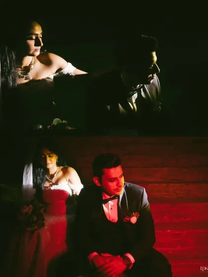 A moody and artistic diptych of a couple on their wedding day. The dramatic, low-key lighting creates a cinematic and emotional feel, different from typical bright wedding portraits.
