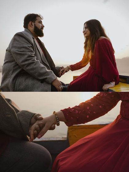 A romantic boat ride at sunset. This collage captures the quiet intimacy and connection between the couple.
