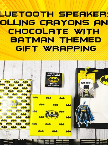 For the little superheroes, I offer modern and cool gift sets like this Batman-themed hamper. It features a mini Bluetooth speaker, rolling crayons, and themed chocolates, all packaged in a bold Batman gift bag. It’s a great example of how I mix fun and useful items.