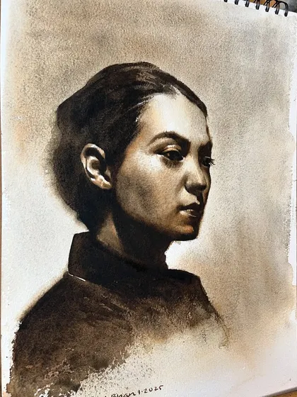 The same value study on a drawing board, showing the texture of the paper and the richness of the monochrome washes.