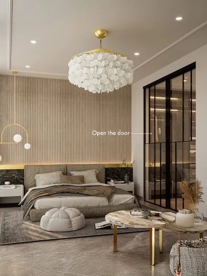 A bedroom should be more than just a place to sleep; it should be a personal retreat. This design seamlessly integrates a walk-in closet with smoked glass doors, creating a sophisticated and highly functional space that feels like a private boutique.