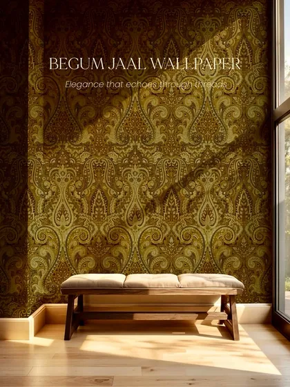 The Begum Jaal wallpaper in an antique gold finish catches the sunlight beautifully in this entryway. The dense paisley pattern creates a statement wall that feels both luxurious and timeless.