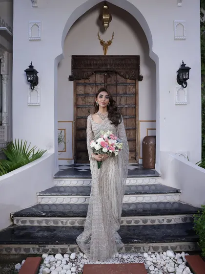 The full look of the Anjalee and Arjun Kapoor saree, styled for a Christian wedding or elegant reception.