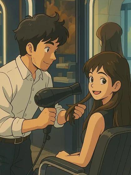 A charming anime-style illustration of a stylist blow-drying a client's hair, capturing the care and artistry of the process.