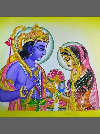 A detailed and vibrant acrylic painting of Ram and Sita during their wedding ceremony. This traditional artwork captures a sacred moment with intricate details on their attire and expressions.