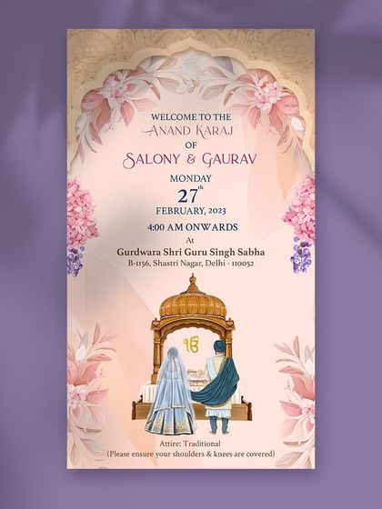 A beautiful digital invite for a traditional Anand Karaj ceremony. This static card features a custom illustration of the Sikh wedding ceremony inside a Gurdwara, framed by lovely pastel florals.
