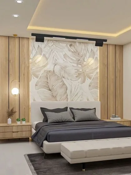 A 3D render of a bedroom with a nature-inspired theme. The design includes a large leaf-patterned wallpaper, light wood paneling, and a comfortable bench, creating a bright and calming atmosphere.