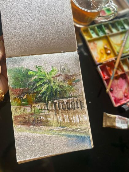 A morning sketch of a Goa-inspired landscape, done in my sketchbook. I love painting scenes from my travels or from photos shared by friends, bringing those memories to life with watercolors.