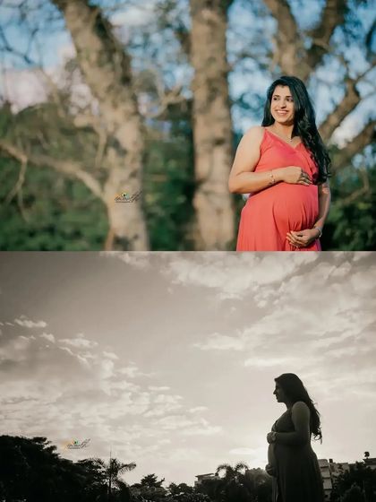 This collage combines a color portrait with a dramatic black and white silhouette, showcasing different artistic styles within a single maternity session.