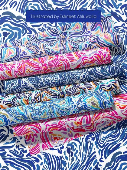 An abstract, fluid pattern in multiple colourways, shown on folded fabric. This design has a beautiful, organic movement, making it ideal for fashion and home textiles where you want a sense of flow.