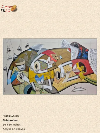 'Celebration' by Pradip Sarkar, a cubism-inspired work where musicians and instruments fragment and merge in a joyful, rhythmic composition.