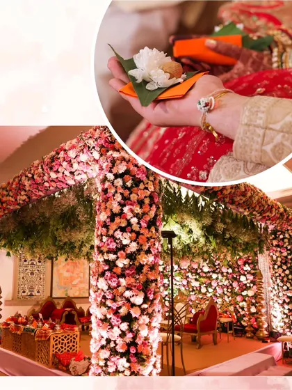 A collage showing the floral-drenched mandap and a close-up of the rituals. This highlights my focus on both the grand picture and the minute, meaningful details.
