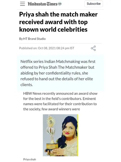Hindustan Times reported on the Global Achievers Award I received alongside world-renowned celebrities. The article also mentions that while I was offered the Netflix series 'Indian Matchmaking', I declined to protect the confidentiality of my elite clients.