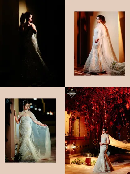 A collage of the bride's solo portraits, showcasing her stunning gown from different angles and in various lighting conditions.