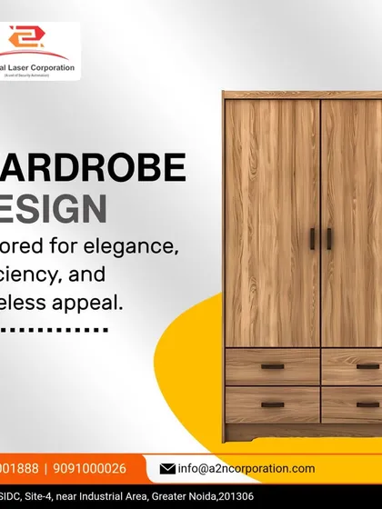 A classic swing-door wardrobe design with external drawers for easy access. The timeless wood grain finish and simple hardware make it a versatile choice that complements a variety of bedroom interior styles.
