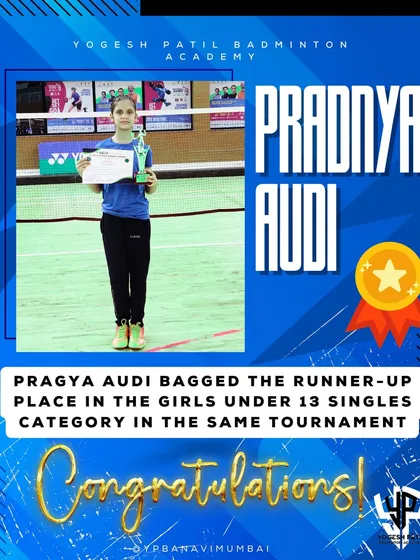 Congratulations to Pradnya Audi for securing the runner-up position in the Girls U13 Singles at the Goa State Ranking Tournament.