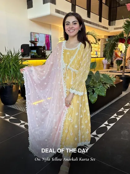 The Nyla Yellow Anarkali Kurta Set is another one of my daily deals. The soft yellow and pink combination is so pretty and feminine.
