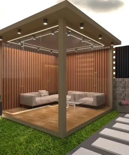 A 3D concept for a glass-enclosed pergola with a comfortable sofa, perfect for enjoying the view in any weather.