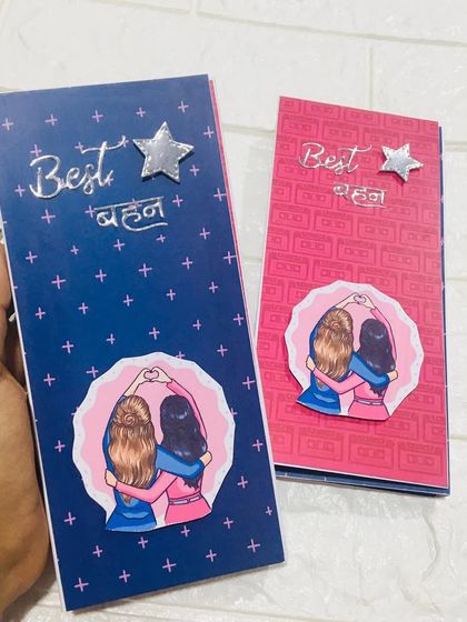 For the "Best Behen." I designed these special Rakhi cards to celebrate the bond between sisters, with cute illustrations and space for your photos inside.