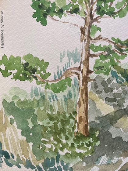 A close-up on the pine tree from my 'Bridges of Tirthan Valley' painting. This detail shows the texture of the bark and the delicate leaves, painted with quick, expressive watercolor strokes.