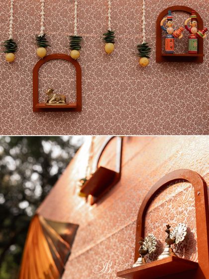 More details from our upcycled band backdrop. The top panel shows the 'nimbu mirchi' strings and Channapatna crafts, while the bottom panel reveals silver peacock artifacts, adding a touch of elegance.